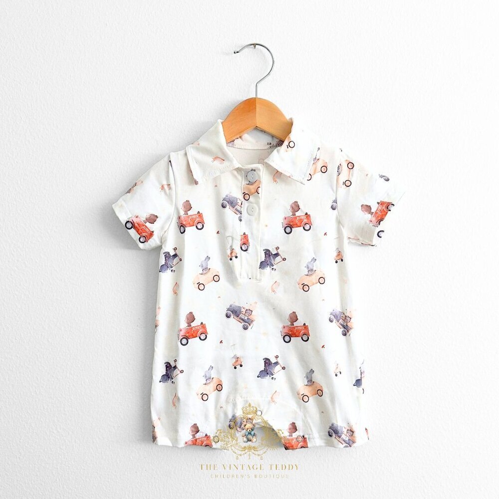 NWT Cute Boys Oxford Romper One-Piece Short Sleeve Shorts Bear & Friends 6-12M
